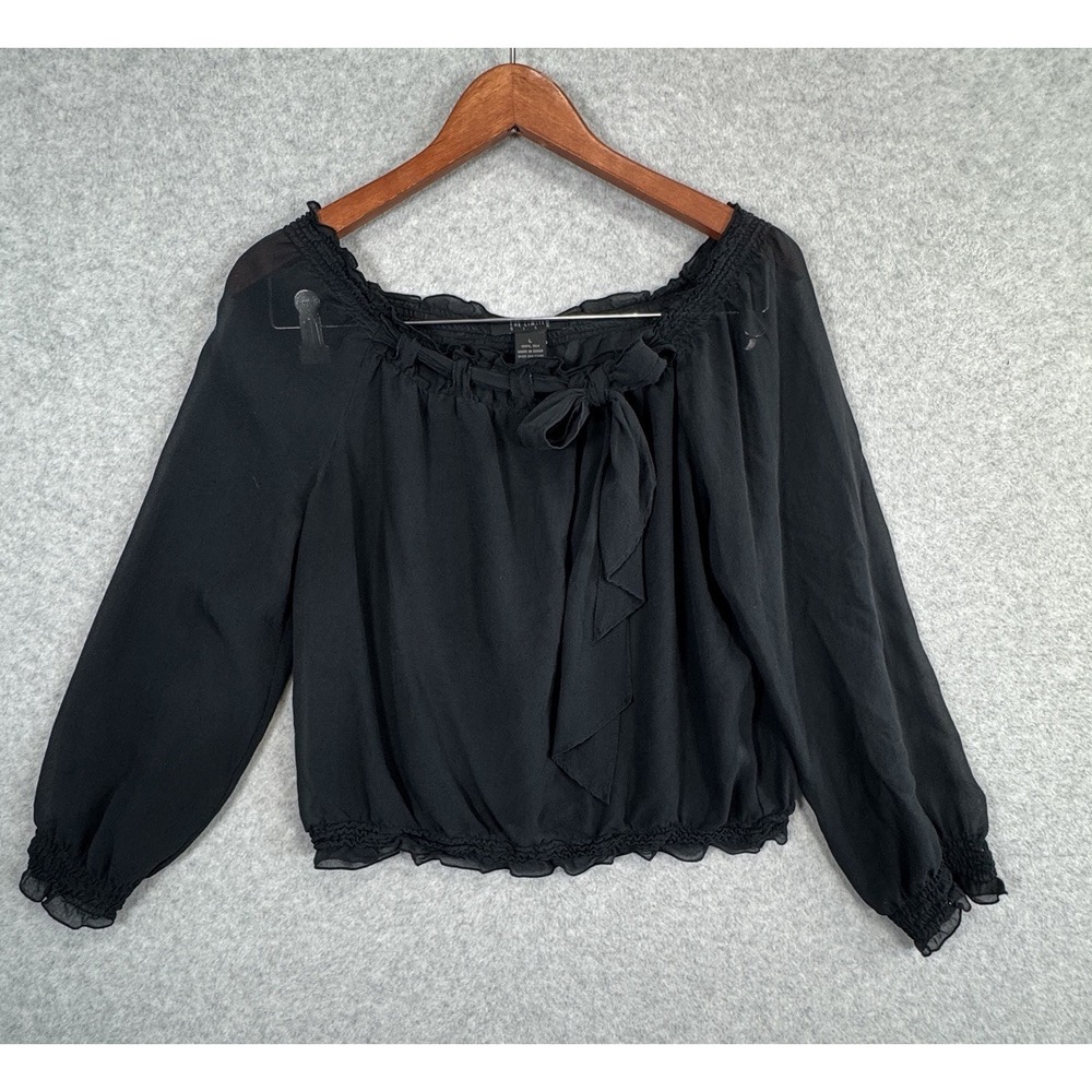 The Limited Silk Black Peasant Blouse L 100% Silk Off Shoulder Tie Front Sheer
